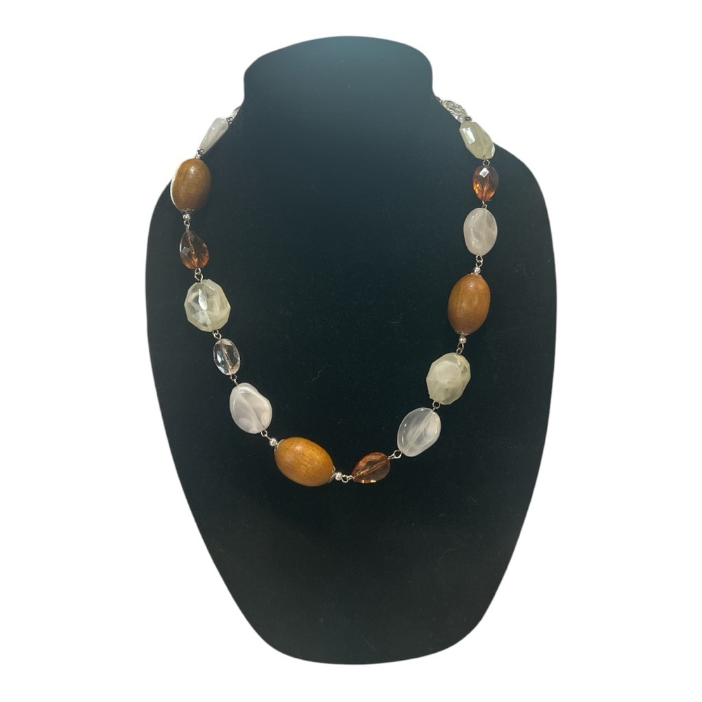Wood and Acrylic Amber, Green and White Beaded Adjustable Necklace